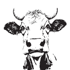 Realistic Cow Face Vector — Black and White Front-Facing Illustration with Horns, Textured Fur, and Expressive Eyes