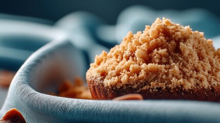Close-up view of a delicious muffin with crumbly streusel topping