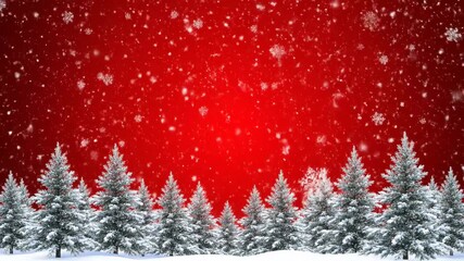 Snowy Christmas Trees on Red Background - A row of snow-covered Christmas trees is shown against a red background with falling snowflakes. - Powered by Adobe