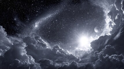 Dramatic black and white night scene starry sky with Milky Way bright sun or light and fluffy clouds