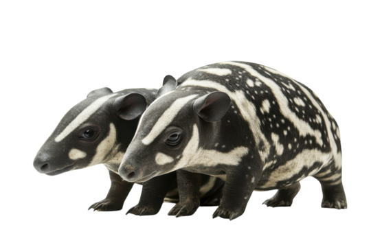 Two malayan tapir calves standing close to each other side