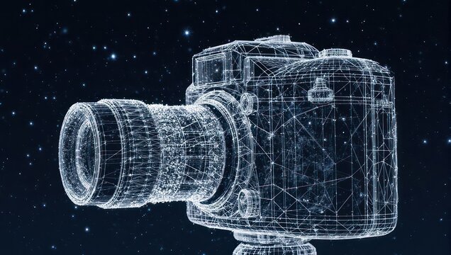 A wireframe representation of a photographic camera with its lens, against a starlit backdrop