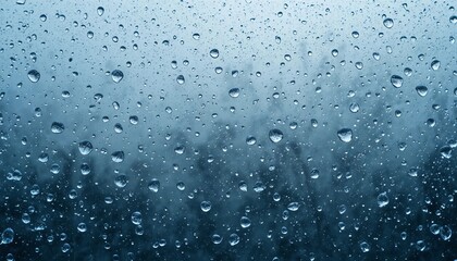 Fototapeta premium Macro of raindrops freezing on glass, transition from autumn rain to early frost, detailed texture, cold bluish-gray tone, full frame background.
