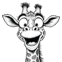 Funny Cartoon Giraffe Vector — Black and White Illustration of Smiling Animal with Big Eyes, Teeth, and Playful Expression