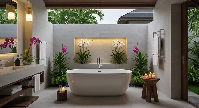 Luxurious Open-Concept Bathroom with Freestanding Tub, Tropical Orchids, and Ambient Spa Lighting.