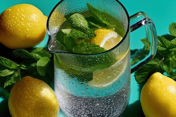 Refreshing lemonade with mint and lemon slices in a glass pitcher
