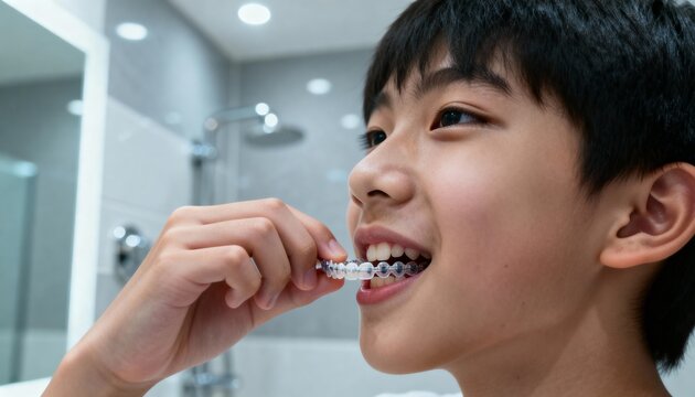 asian teen adjusting retainer in mouth under bright bathroom light, clean focused dental care routine