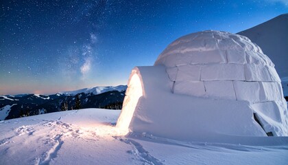 Warm Light Escaping from Snow Igloo at Night