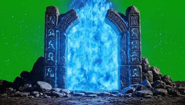 Mysterious glowing portal erupts with vibrant blue energy against a green screen backdrop.