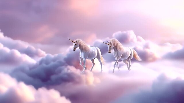 Unicorns float on clouds, the whimsical scene illuminated by soft light. Unicorns, clouds, with copy space