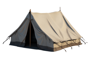 A simple canvas tent standing on a dark isolated surface