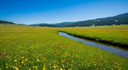 Obraz premium Serene Meadow with Winding Stream Under Vast Blue Sky and Distant Hazy Mountains.