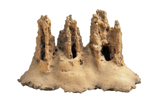 A termite mound with multiple towers on a transparent background