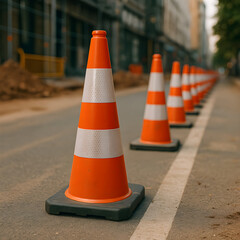 Reflective traffic cones lined up along a construction zone