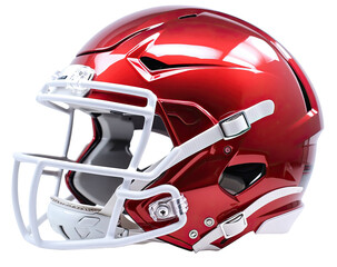 Sleek, shiny red football helmet with a white facemask isolated on black