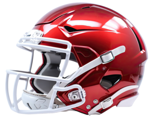 Sleek, shiny red football helmet with a white facemask isolated on black