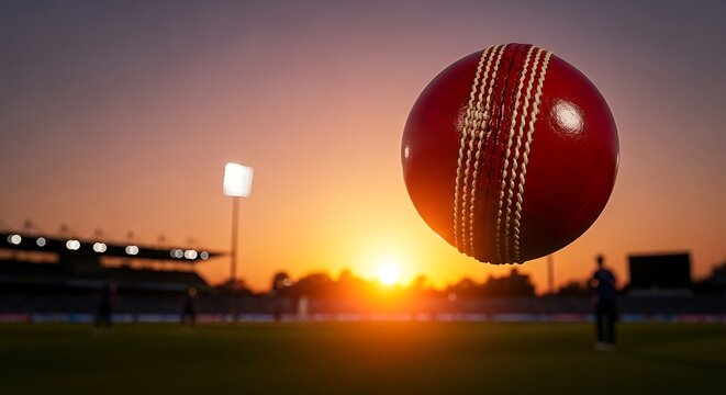 Cricket ball flying at sunset over stadium lights - Powered by Adobe