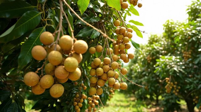 Longan Fruit Hanging on Tree Branches in Orchard