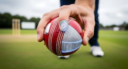 Cricket bowler holds red ball ready for delivery