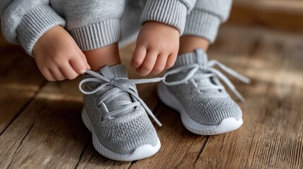 Close-up of a child tying shoelaces in grey sneakers