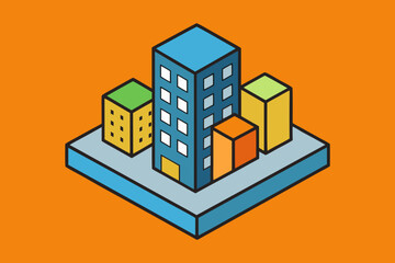 Fototapeta premium Vibrant isometric cityscape illustration featuring colorful buildings on a bright orange background