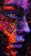 Vibrant Psychedelic Portrait: Woman's Face with Neon Patterns and Abstract Art