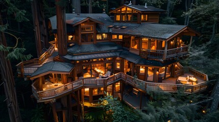 Elegant elevated treehouse nestled in redwoods at sunset, cozy luxury retreat with warm evening lighting