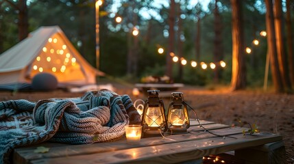 Peaceful outdoor camping scene featuring lantern and string lights glowing softly in the quiet night forest ambiance