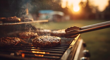 Juicy beef patties grilling on a barbecue at sunset, with smoke rising and warm sunlight creating a cozy summer atmosphere.