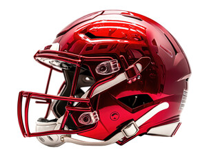 Fototapeta premium Gleaming ruby-red football helmet with face mask, chin strap, and dark background