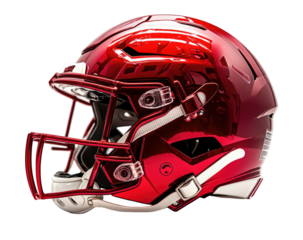Gleaming ruby-red football helmet with face mask, chin strap, and dark background
