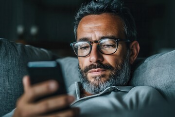 Man Checking Smartphone While Relaxing on a Couch in a Cozy Living Room