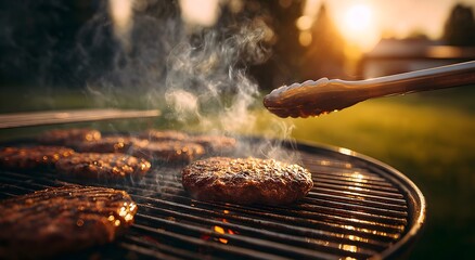 Juicy beef patties grilling on a barbecue at sunset, with smoke rising and warm sunlight creating a cozy summer atmosphere.