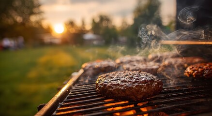 Juicy beef patties grilling on a barbecue at sunset, with smoke rising and warm sunlight creating a cozy summer atmosphere.