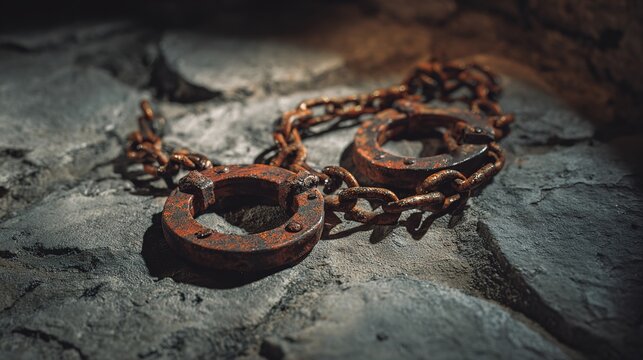 Old rusty shackles with massive rings and a chain lying on a rough stone surface in a dark dungeon or cell, illuminated by a dramatic beam of light, symbolizing slavery, imprisonment - Powered by Adobe