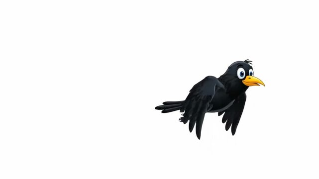 Cartoon Crow Flying - An illustration shows a black cartoon crow flying in the air, featuring large eyes and a yellow beak on a white background.