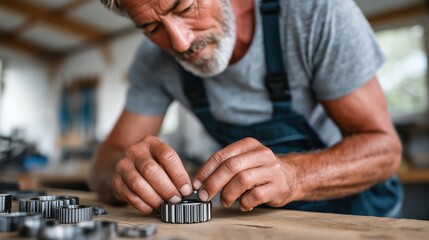 Older man focused on mechanical work in a well-equipped workshop