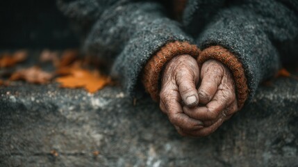 Hands of an Elderly Person Resting on a Stone Surface Surrounded by Autumn Leaves