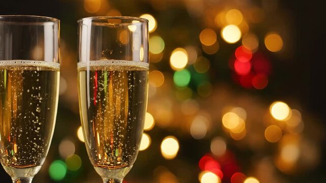 Champagne Toast Celebration - Two champagne flutes filled with sparkling wine sit against a blurred background of festive Christmas lights.