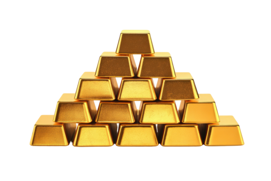 Gleaming pyramid of stacked gold bars against a dark background
