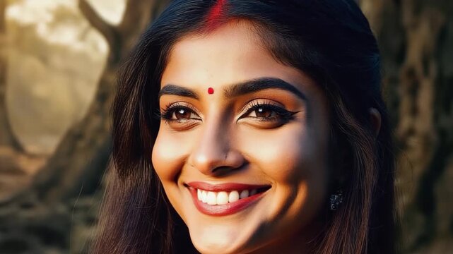 Beautiful Indian Woman with Bindi Smiling in Nature
