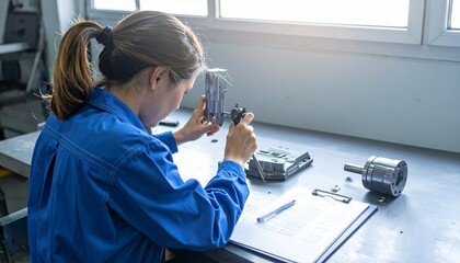 Quality Control Inspector Measuring Metal Parts with Caliper