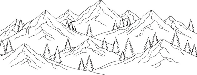 Minimalist Line Art Mountain Landscape with Evergreen Trees