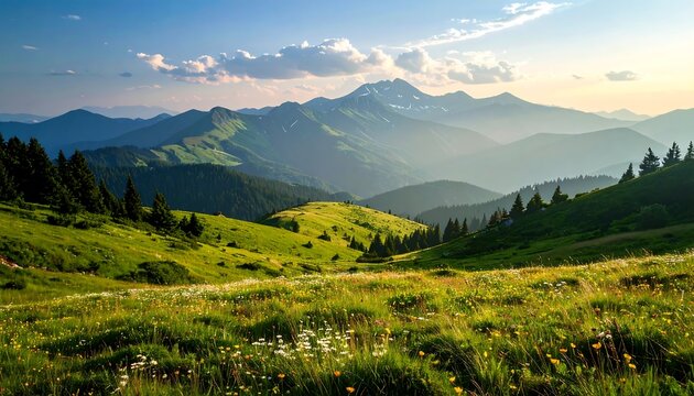 A panoramic view of rolling green hills dotted with wildflowers, leading to layers of distant mountain peaks under a partly cloudy sky