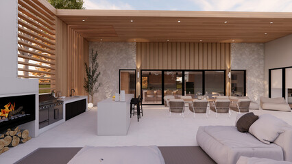 Fototapeta premium Modern Outdoor Space with Built-In BBQ and Dining Table