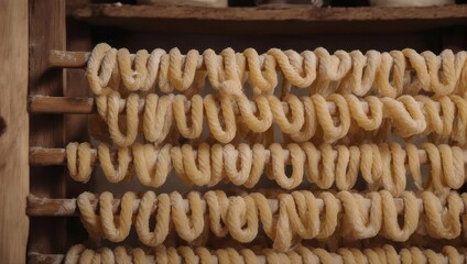 Close-up of freshly made, golden-hued pasta drying on rustic wooden racks, indoors
