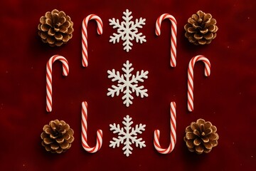 Red velvet texture with pine cones, candy canes, and snowflakes arranged symmetrically