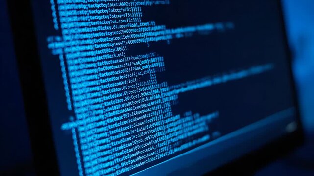 Blue Coding Screen Close Up - This is a close up shot of a computer screen displaying code in a blue hue.