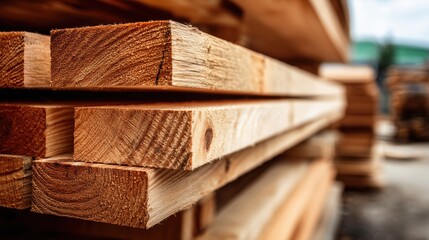 Freshly cut and neatly stacked dimensional lumber planks at a timber yard or sawmill