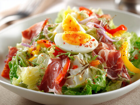 ei, kedo, lowcarb, gekochtes, ei, di&auml;t, essen, salat, kopfsalat, mahl, teller, gesund, gem&uuml;se, frisch, tomate, lunch, di&auml;t, caesar, feinschmecker, meeresfr&uuml;chte, k&ouml;stlich, garnele, pfeffer, wei&szlig;, chee
